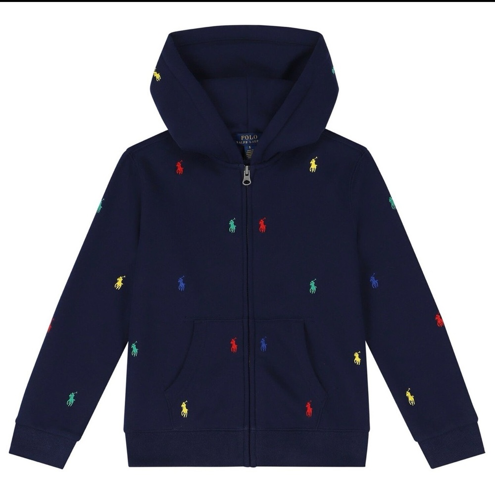 Ralph Lauren Navy Zip Hoodie with Multicolor Pony Embroidery